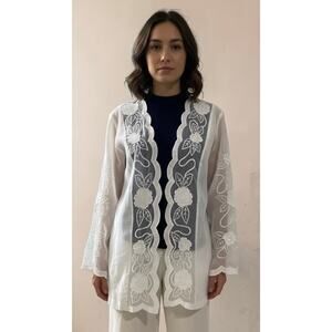 Harmony 100% Linen Embroidered Sheer Sleeve Kimono Cardigan White size 10